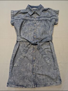 Given Kale Women's Size Medium Midi Acid-Wash Denim Shirt Dress Waist Tie